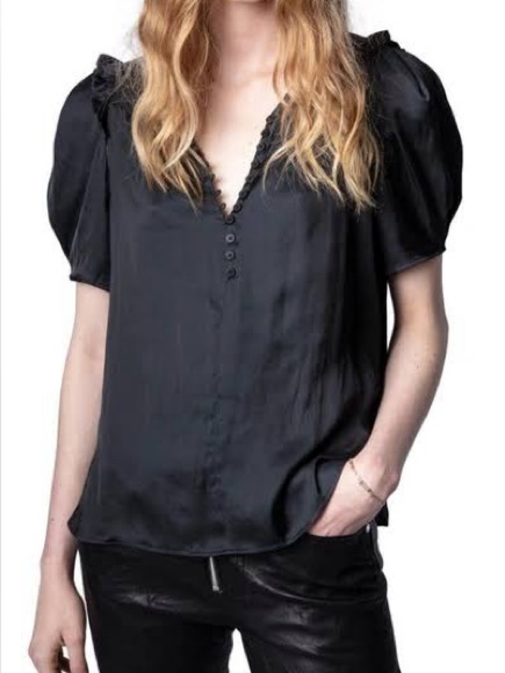 Zadig & Voltaire Black V-Neck Puff Sleeve Button-Front Blouse